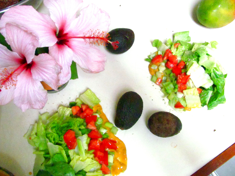 assembling wraps with our newly made citrus-ey dressing