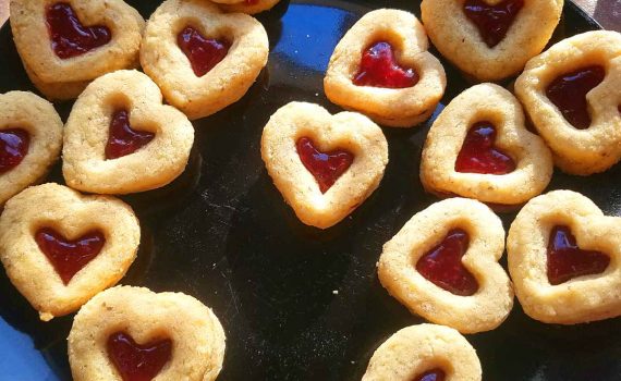 raspbery jam gluten free vegan heart shaped cookies