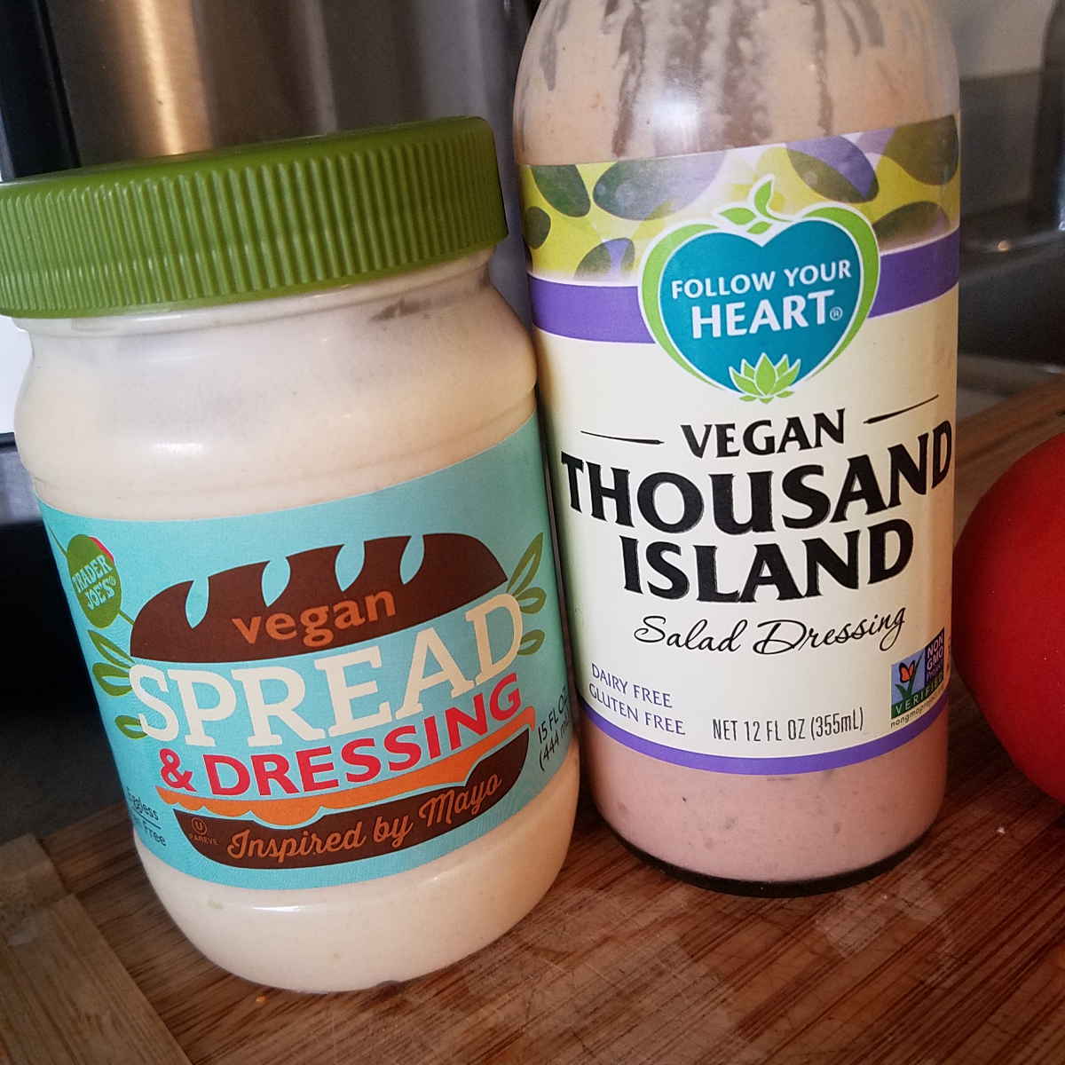 vegan mayo and thousand island for making vegan cheddar potato salad